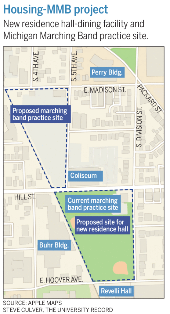 Map of proposed sites for a new Central Campus residence hall and Michigan Marching Band facility.