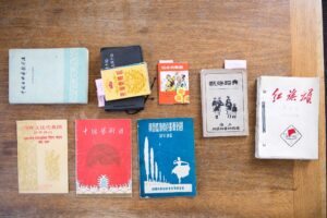 A sample of the collection. Top row from left to right are: the book Teaching Method for Chinese Classic Dance, published in 1960; postcard set of Cambodian dance; the handbook Little Red Guard Dance; the book Dance Games; and the mimeograph manuscript Ode to the Red Flag. Bottom row from left to right are: the program of the Indian cultural delegation's visit to China in 1955; the program of a Chinese dance tour to Venezuela, Colombia and Cuba in 1960; the British Ballet Rambert visit to China in 1957