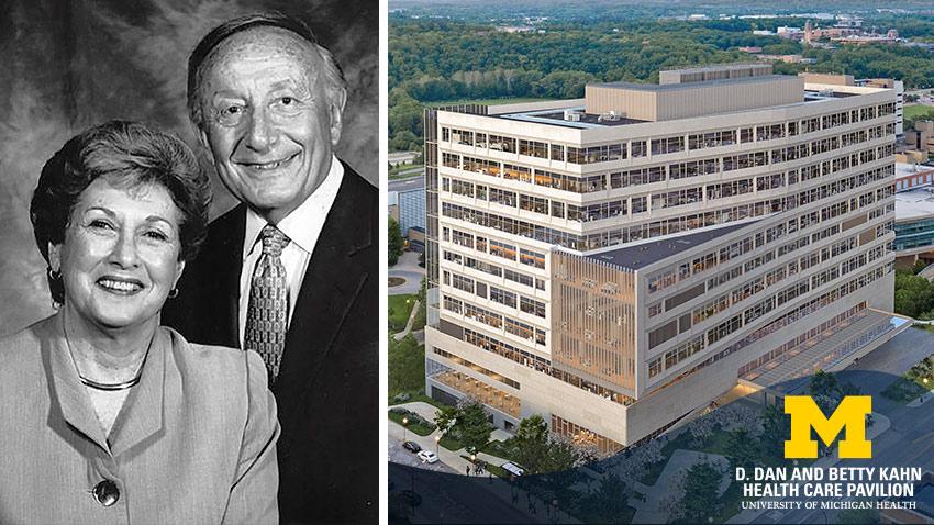 D. Dan and Betty Kahn with a rendering of the new The D. Dan and Betty Kahn Health Care Pavilion