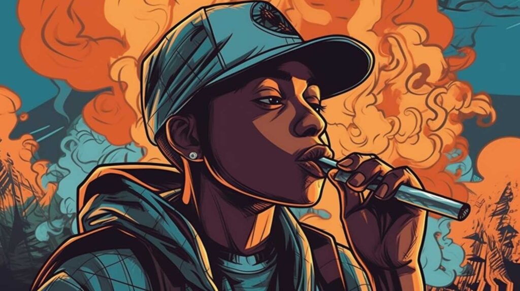 Concept illustration of a teen using a vape device. Image credit: Nicole Smith, made with Midjourney