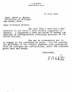 EB White letter to Dean Erich Walter in July 1947.