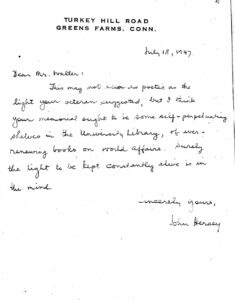 A letter dated 1947 to Dean Erich Walter from John Hersey.