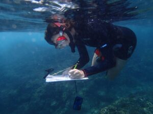 Lead researcher Dr Sally Keith recording butterflyfish behaviour, Bali, Indonesia. Photo credit: Erika Woolsey