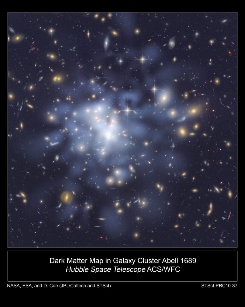 This NASA Hubble Space Telescope image shows the distribution of dark matter in the center of the giant galaxy cluster Abell 1689, containing about 1,000 galaxies and trillions of stars.
Dark matter is an invisible form of matter that accounts for most of the universe's mass. Hubble cannot see the dark matter directly. Astronomers inferred its location by analyzing the effect of gravitational lensing, where light from galaxies behind Abell 1689 is distorted by intervening matter within the cluster.
Researchers used the observed positions of 135 lensed images of 42 background galaxies to calculate the location and amount of dark matter in the cluster. They superimposed a map of these inferred dark matter concentrations, tinted blue, on an image of the cluster taken by Hubble's Advanced Camera for Surveys. If the cluster's gravity came only from the visible galaxies, the lensing distortions would be much weaker. The map reveals that the densest concentration of dark matter is in the cluster's core.
Abell 1689 resides 2.2 billion light-years from Earth. The image was taken in June 2002. Image credit: NASA, ESA, D. Coe (NASA Jet Propulsion Laboratory/California Institute of Technology, and Space Telescope Science Institute), N. Benitez (Institute of Astrophysics of Andalusia, Spain), T. Broadhurst (University of the Basque Country, Spain), and H. Ford (Johns Hopkins University)