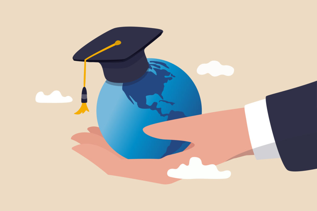 Study abroad world education curriculum, overseas school, college and university or international academic concept, success graduated student holding globe shape wearing academic mortarboard hat. Image credit: Nuthawut Somsuk, iStock