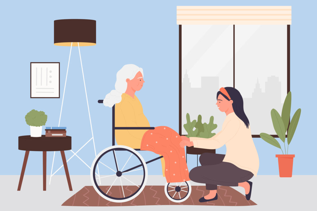 Home care services for elder people. Help of young female volunteer caregiver to old patient, disabled woman sitting in wheelchair flat vector illustration. Healthcare, retirement, disability concept. Image credit: iStock