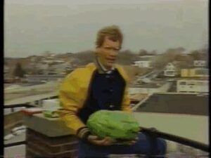 David Letterman prepares to throw a watermelon off the NBC tower back in the day.