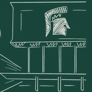 Sparty in the Michigan Daily. Hand-drawn graphic of white art on green background.