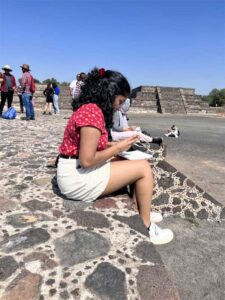Sketching the Teotihuacán Pyramids during the study abroad trip to Mexico City. Image credit: Stephanie Rosas