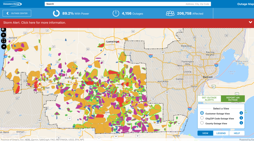 Screenshot of Consumers Energy Outage map.