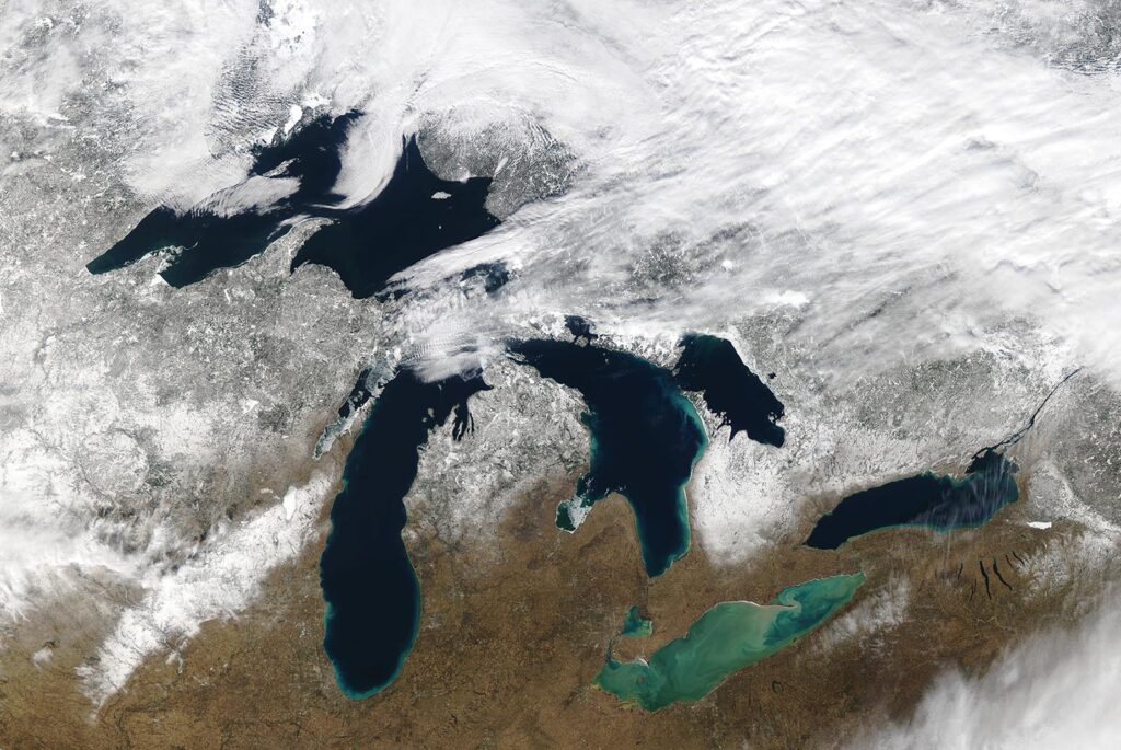 Satellite Image Feb 12 2023 This MODIS satellite image from February 12th, 2023 shows below-average ice cover for this time of year on the Great Lakes. Image credit: NOAA GLERL / NOAA Great Lakes CoastWatch Node.
