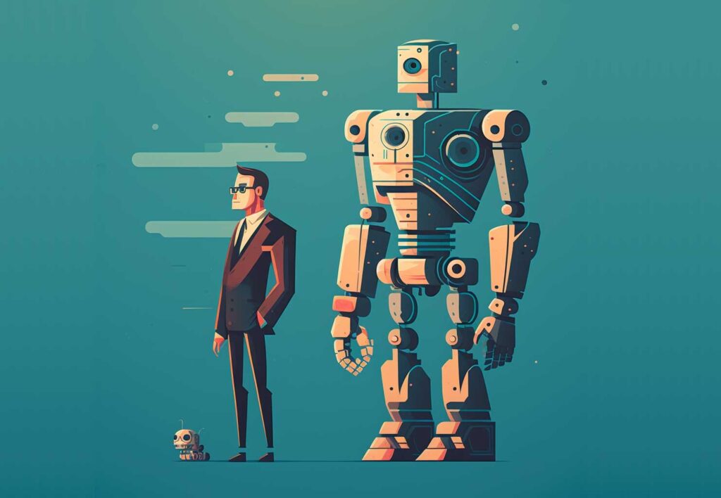 Illustration of a man with his back turned to a robot. Image credit: AI-generated image via Midjourney