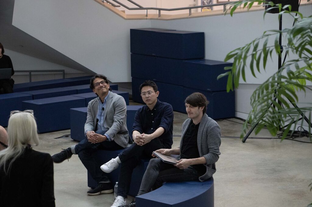 Participants at Session 3 of the 2022 Neural Architecture Symposium [from left to right: Kyle Steinfeld, UC Berkeley; Immanuel Koh, Singapore University of Technology and Design; and Daniel Bolojan, Florida Atlantic University] Image courtesy: Taubman College