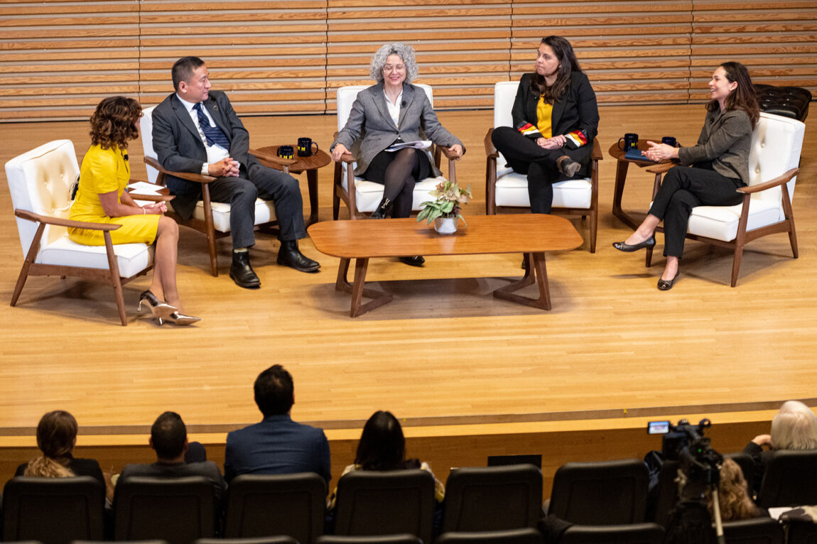 From left, moderator Corie Pauling and panelists Frank Wu, Elizabeth Cole, Stephanie Fryberg and Morela Hernandez. (Photo by Daryl Marshke, Michigan Photography)