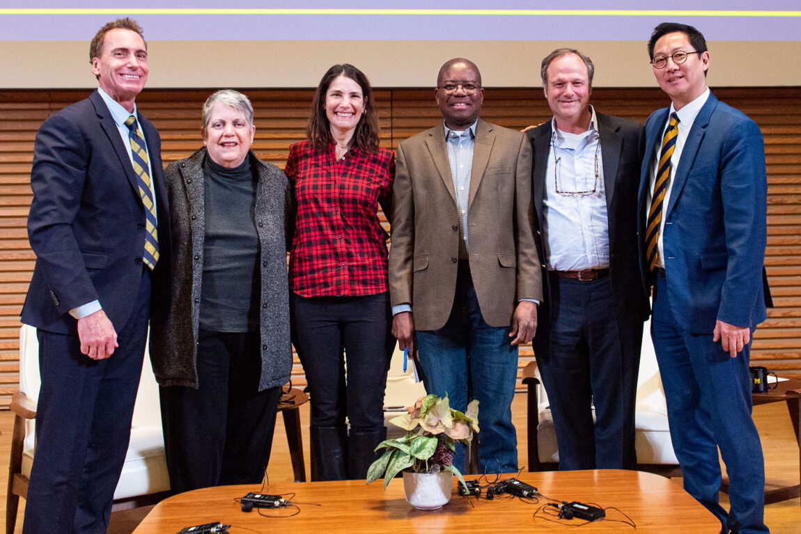 From left, moderator Chris Kolb and panelists Janet Napolitano, Margaret Wooldridge, Omolade Adunbi and Andy Hoffman, with President Santa J. Ono. (Photo by Daryl Marshke, Michigan Photography)