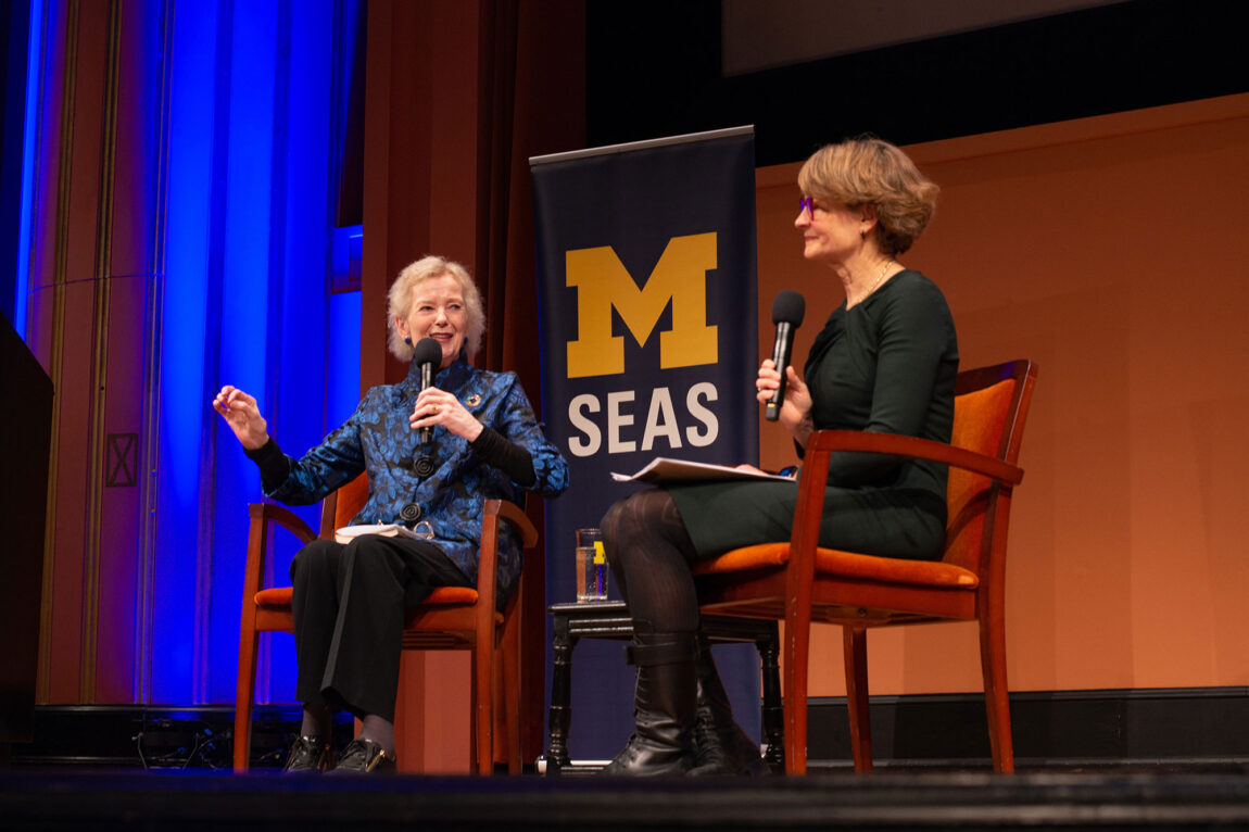 Photo of Mary Robinson (left) talking with Provost Laurie McCauley