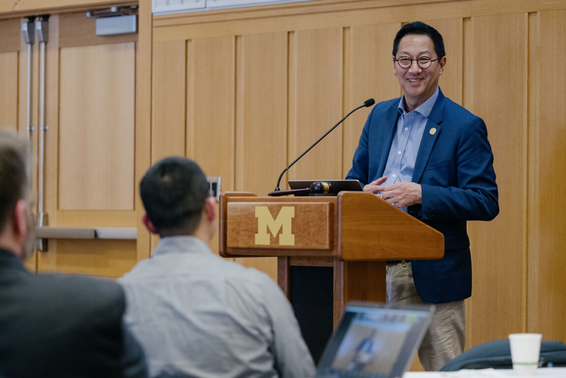 President Santa J. Ono smiles during his meeting with the Senate Assembly.