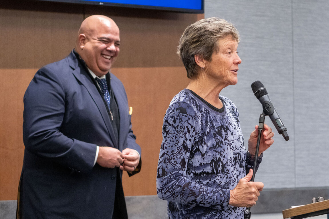 Retired U-M softball coach Carol Hutchins speaks at the March 23 Board of Regents meeting