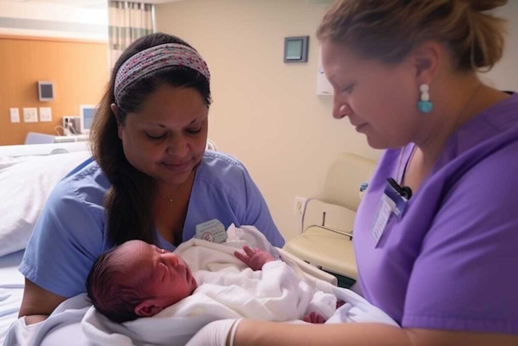 A mother, infant and midwife. Image credit: Nicole Smith, made with Midjourney