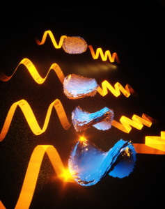 The graphic shows light waves approaching the twisted metal bowties and being turned by the bowtie shape. The ability to control the degree of twist in a curling, nanostructured material could be a useful new tool in chemistry and machine vision. Image credit: Ella Maru Studio.