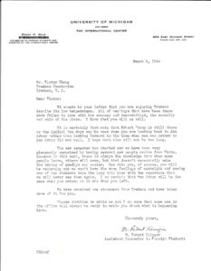 Typed letters from the International Center to Victor Chang while he was receiving TB treatment at Trudeau Sanatorium in New York.