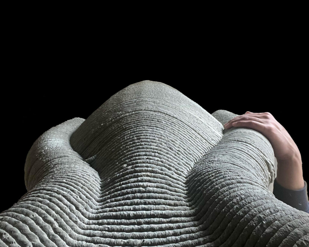 Shell Wall. Showing the nonplanar layer deposition and the elegant transition from Membrane to Structured Ribs with Rebar Reinforcement. Image credit: DART laboratory