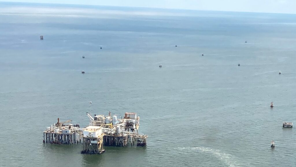 Central-hub multi-platform complexes in the Gulf of Mexico emit far more methane than official inventories report, according to a study led by the University of Michigan. Researchers flew over the region in a Mooney airplane to measure greenhouse gas emissions. This photo, from one of their flights, shows a central hub collecting oil and gas from surrounding smaller satellite production platforms. Image courtesy: Paolo Wilczak.