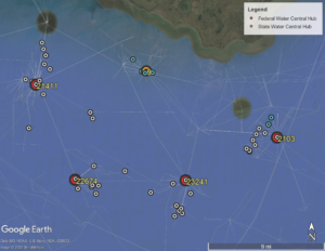 Central hub facilities in the Gulf of Mexico, shown in large red and orange circles, are multi-platform complexes that collect oil and gas via pipelines from surrounding, smaller production platforms for processing. This map shows how they are linked. White circles represent platforms in federal waters and blue circles those in state waters. White lines show pipelines.