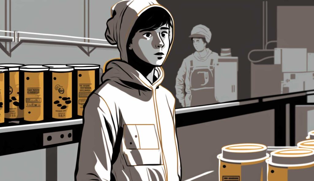 Concept illustration of a young teen working in a factory. Image credit: Nicole Smith, made with Midjourney