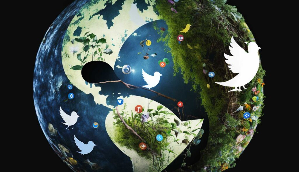 Concept illustration of a world covered in social media icons. Image credit: Nicole Smith, made with Midjourney