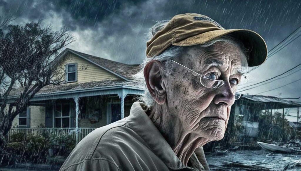 Concept illustration of a man in front of his hurricane damaged home. Image credit: Nicole Smith, made with Midjourney