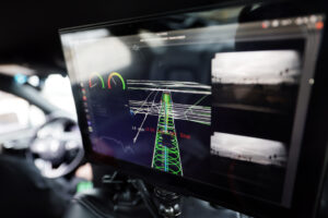 Detail photograph of screens during the virtual reality test run of an autonomous vehicle at Mcity on North Campus of the University of Michigan in Ann Arbor on Wednesday, January 18, 2023. Image credit: Brenda Ahearn/University of Michigan, College of Engineering, Communications and Marketing