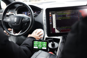 Detail photograph of screens during the virtual reality test run of an autonomous vehicle at Mcity on North Campus of the University of Michigan in Ann Arbor on Wednesday, January 18, 2023. Image credit: Brenda Ahearn/University of Michigan, College of Engineering, Communications and Marketing
