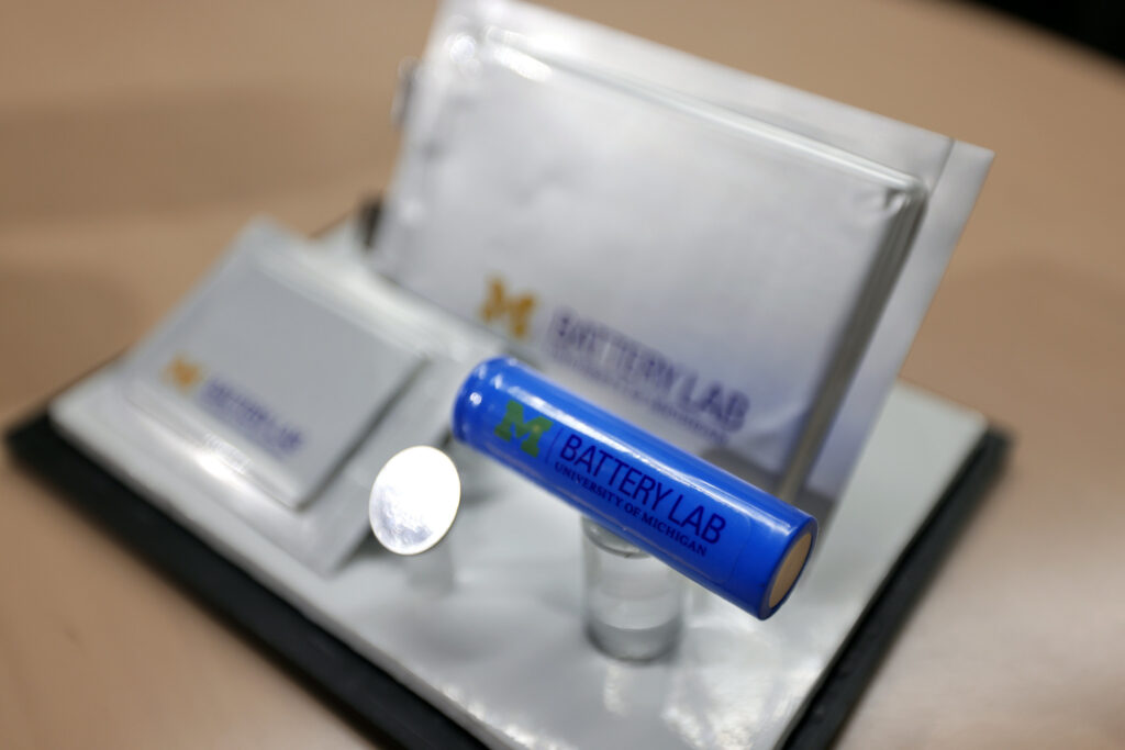Display of different kinds of batteries in the office of Battery Lab. Image credit: Brenda Ahearn, Michigan Engineering
