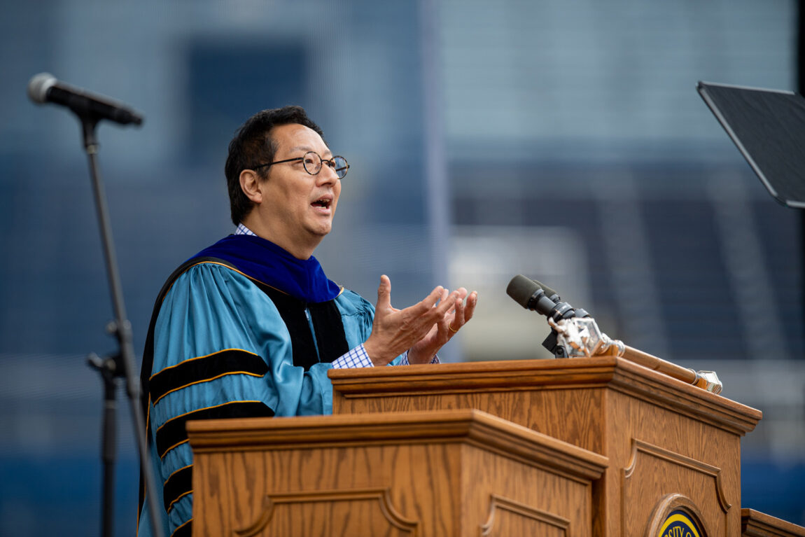 Photo of President Santa J. Ono speaking at Spring Commencement