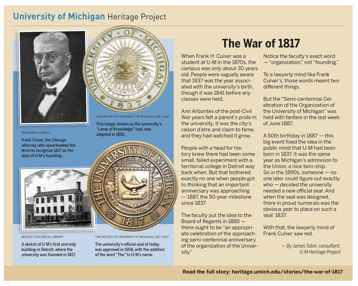 People were vaguely aware that 1837 was the year associated with the university’s birth, although there had been some small, failed experiment with a territorial college in Detroit way back when. A new seal for U-M was designed in the 1890s that featured the year 1837. With that, the lawyerly mind of Frank Culver saw red.