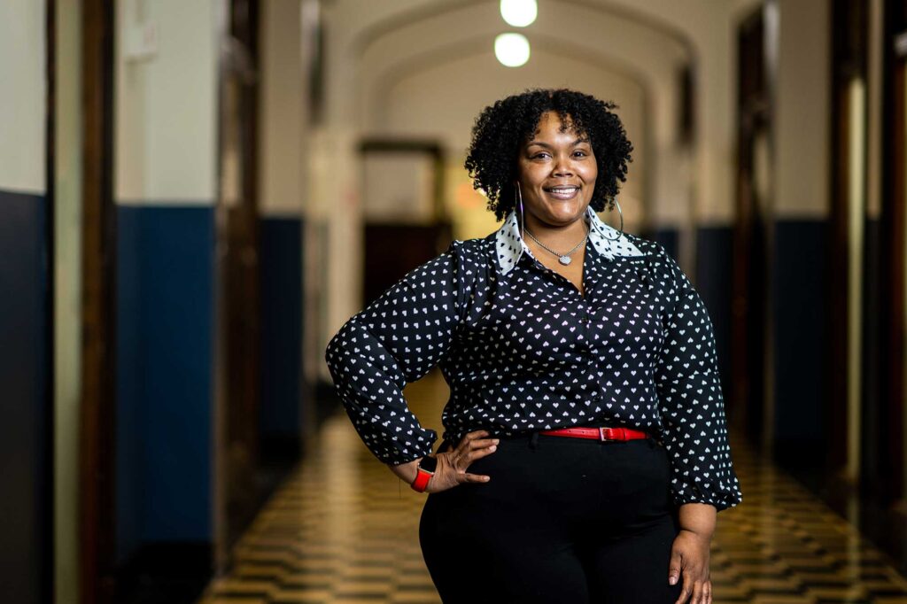 Chandrika Williams, a ninth grade literature teacher at the School at Marygrove who also teaches an elective course on art and activism, has had Rock in her classroom this semester to work with students on different aspects of art.