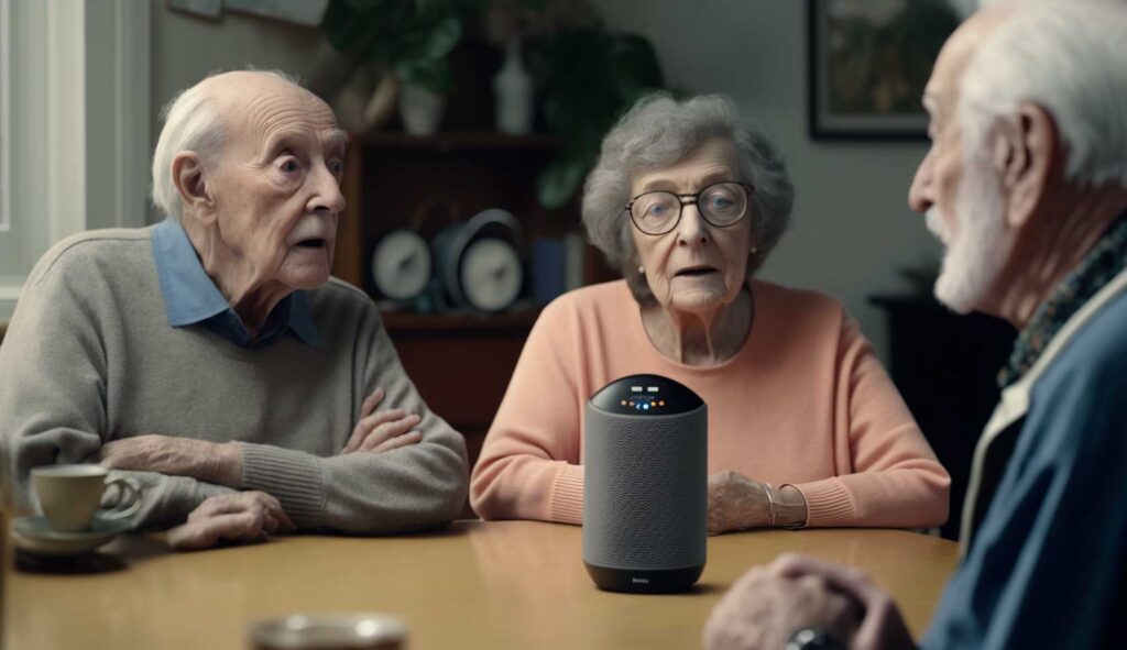 Older adults talking to a voice assistant device. Image credit: Nicole Smith, made with Midjourney