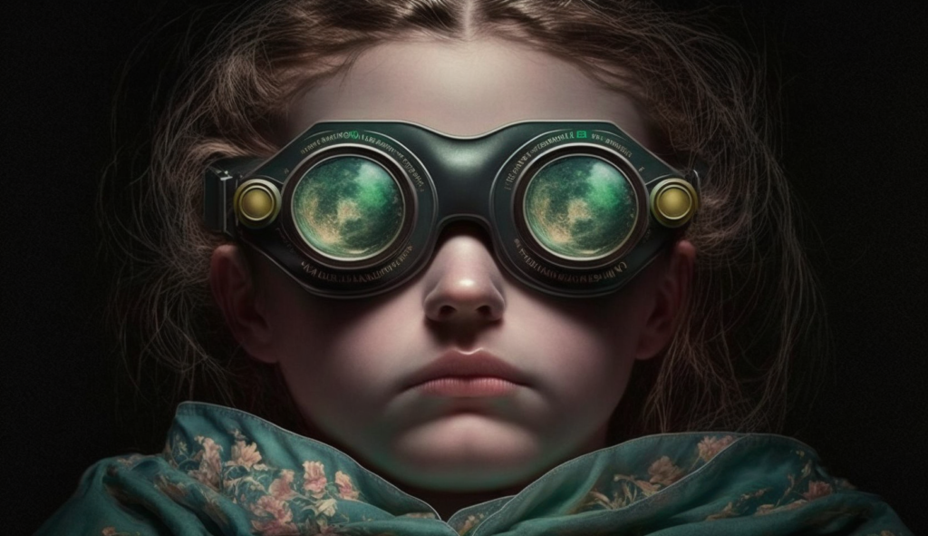 Concept illustration of a child wearing fictional corrective glasses. Image credit: Nicole Smith, made with Midjourney