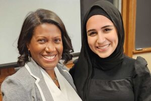 Yasmine Elkharssa and Ford School Dean Celeste Watkins-Hayes