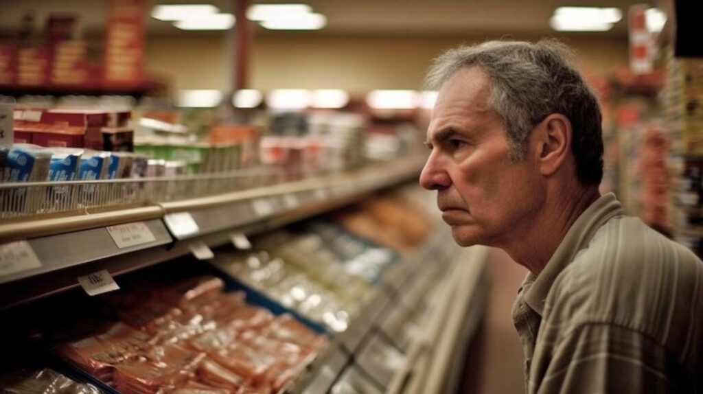 Concept illustration of a man dismayed at grocery store prices. Image credit: Nicole Smith, made with Midjourney