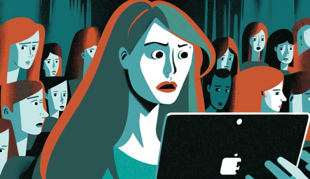 Concept illustration of online harassment. Image credit: Nicole Smith, made with Midjourney
