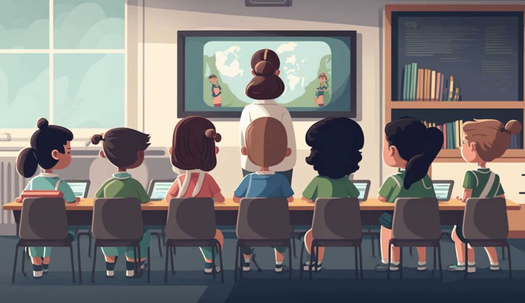 Concept illustration of students in a classroom looking at the teacher at the front of class. Image credit: Nicole Smith, made with Midjourney