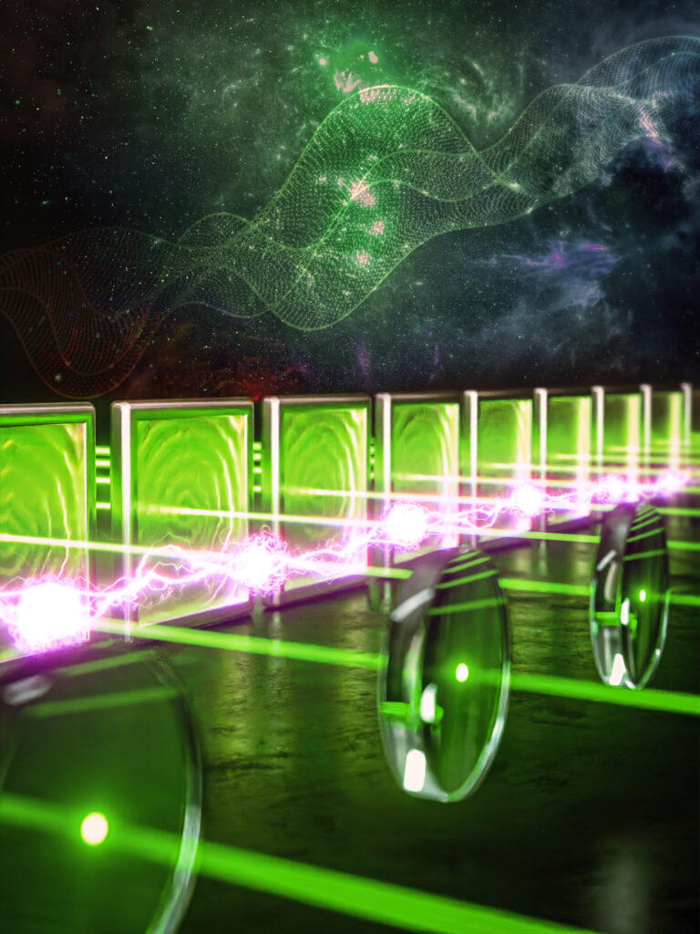 An array of membranes, each probed by laser beams that are entangled with one another, could enable miniaturized yet highly accurate devices for measuring acceleration, dark matter and more. Image credit: Ehsan Faridi and Ehsan Keshavarzi, Inmywork Studio