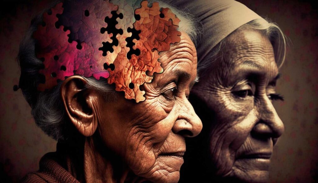 Concept illustration of two people with dementia. Image credit: Nicole Smith, made with Midjourney
