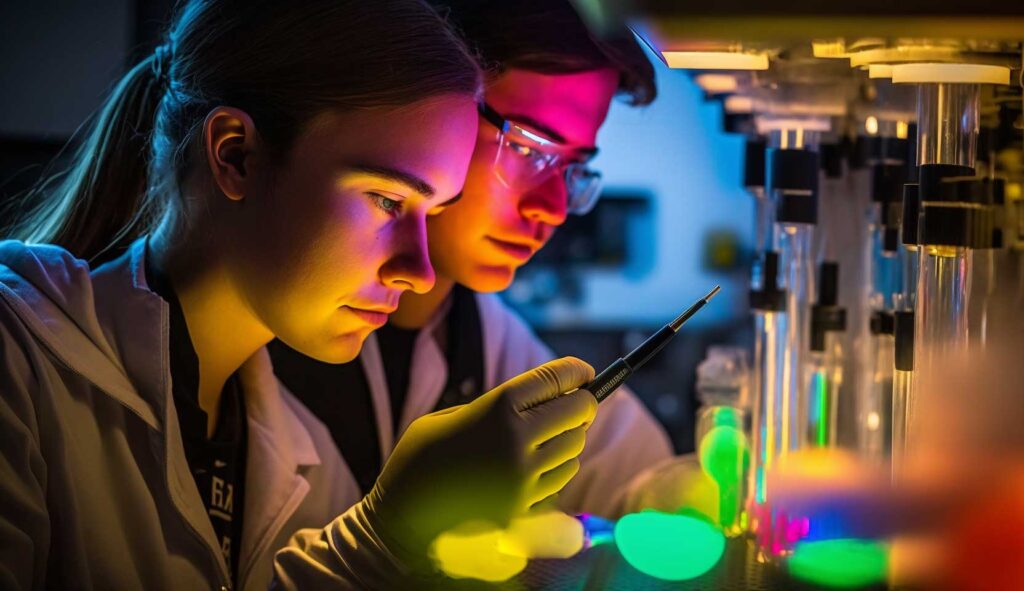 Concept illustration of researchers working in a lab. Image credit: Nicole Smith, made with Midjourney
