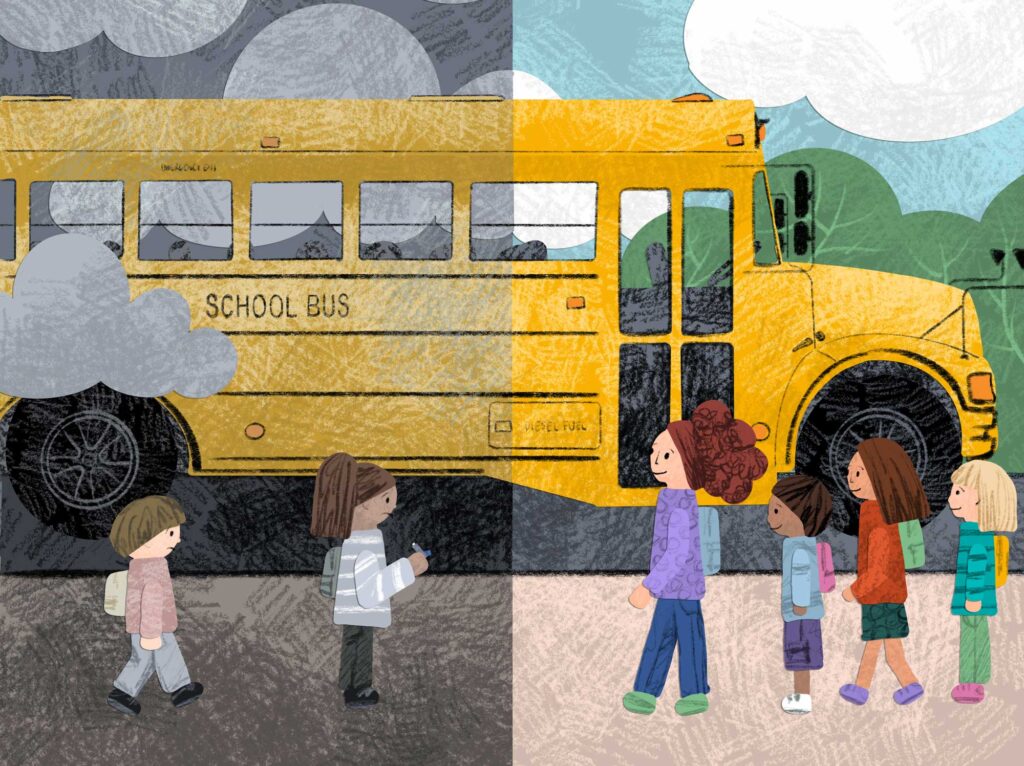 Concept illustration showing children on upgraded vs. not upgraded bus. Image credit: Emma Bumstead, Michigan Creative