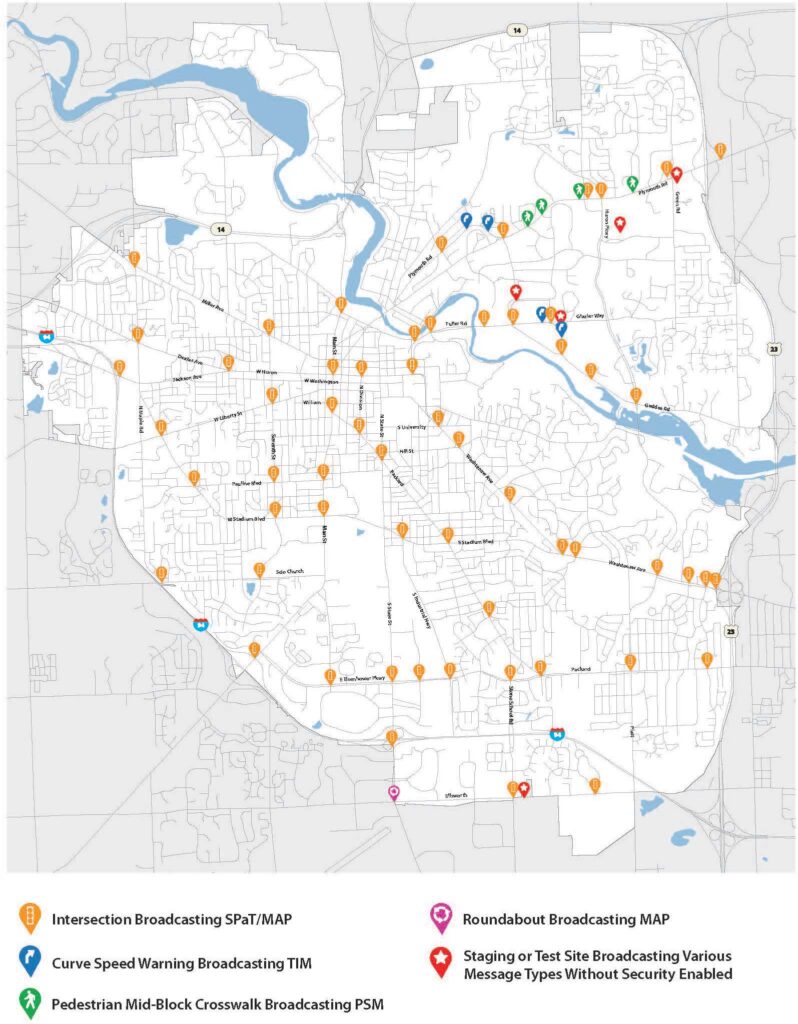 The Ann Arbor Connected Environment (AACE) 2.0 Deployment Area features the locations of the roadside units that will be deployed throughout the city of Ann Arbor. Image courtesy: Michigan Engineering