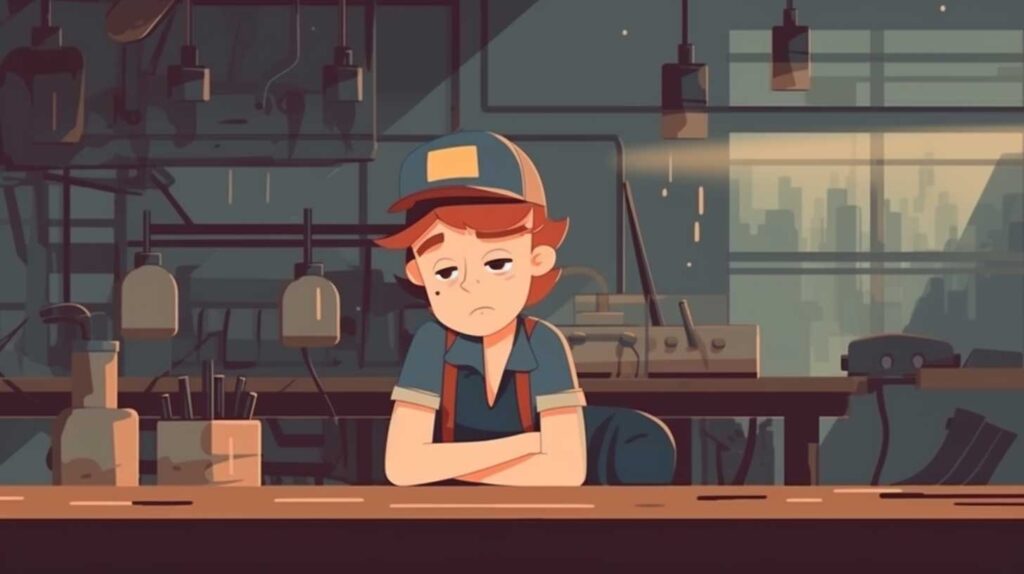 Concept illustration of a forlorn child working in a factory. Image credit: Nicole Smith, made with Midjourney