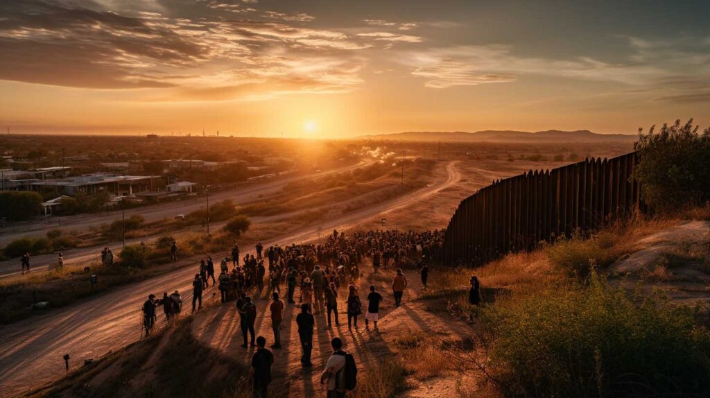 Concept illustration of migrants traveling on a road. Image credit: Nicole Smith, made with Midjourney